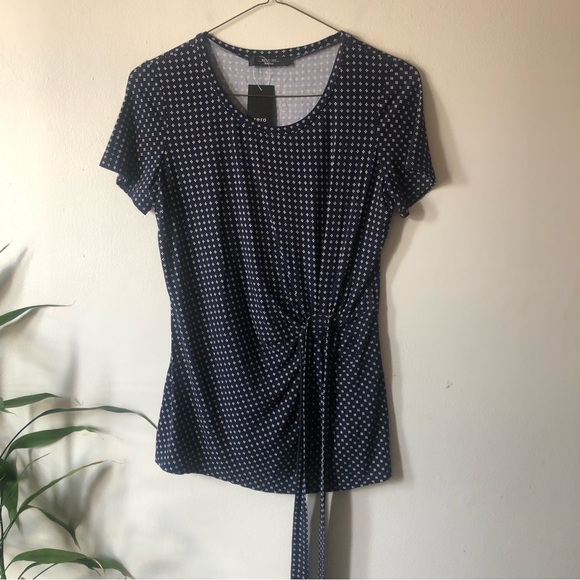 ❤️Weekend Max Mara Spagna Tie Front Patterned Short Sleeve Top Navy Size L - Picture 2 of 8